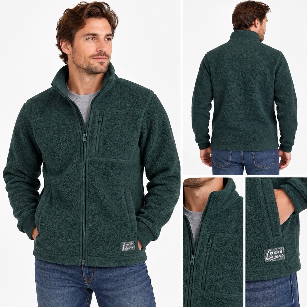 Roots Outdoors Full Zip Fleece Jacket Men's M Forest Green Chest Pocket
